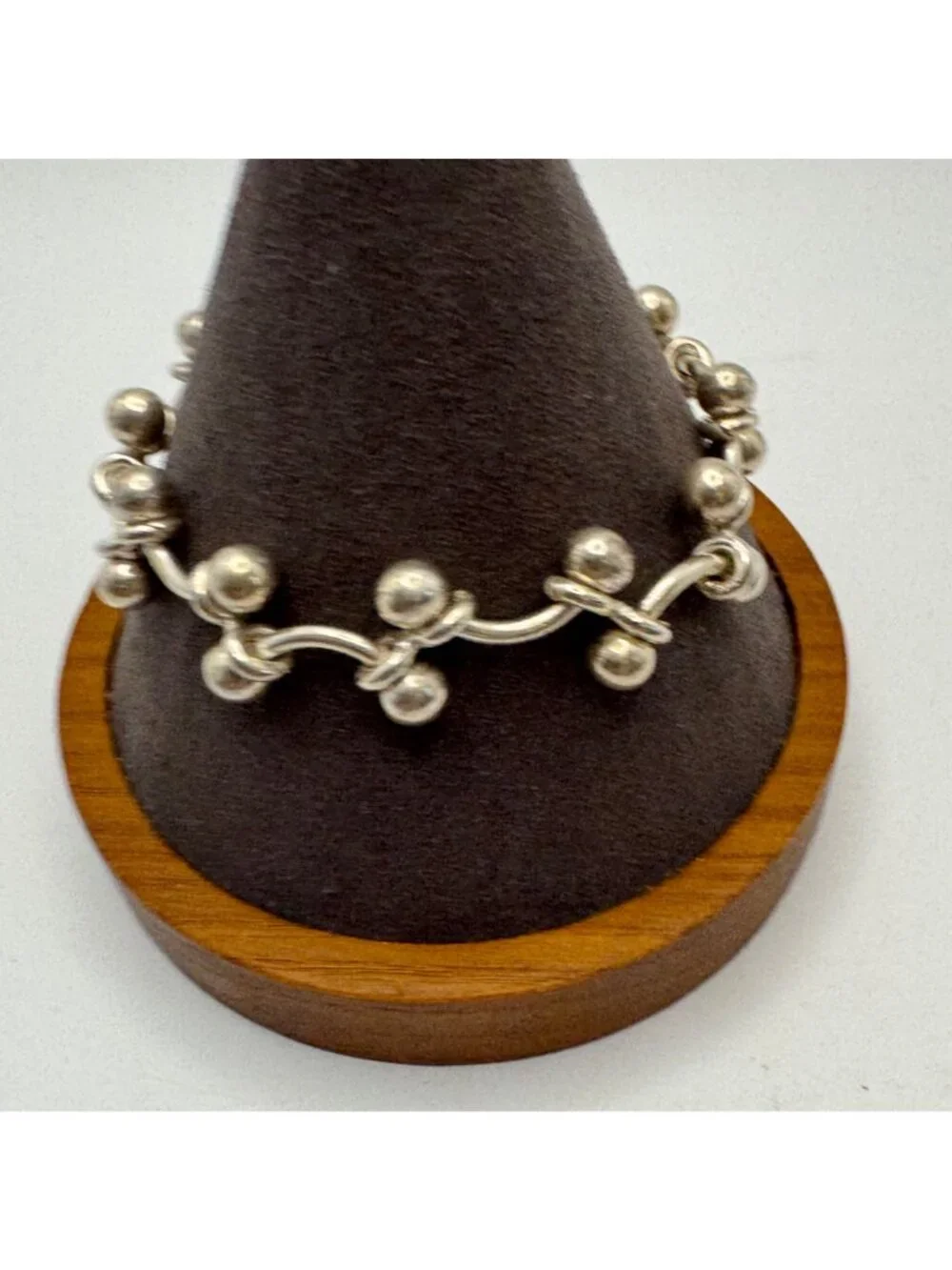 Beaded Curved Bar Link Chain Bracelet Sterling Silver 925 Size 7.25